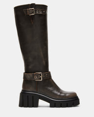 BRIGADE Brown Distressed Women's Knee-High Moto Lug Boot | Steve Madden Sale