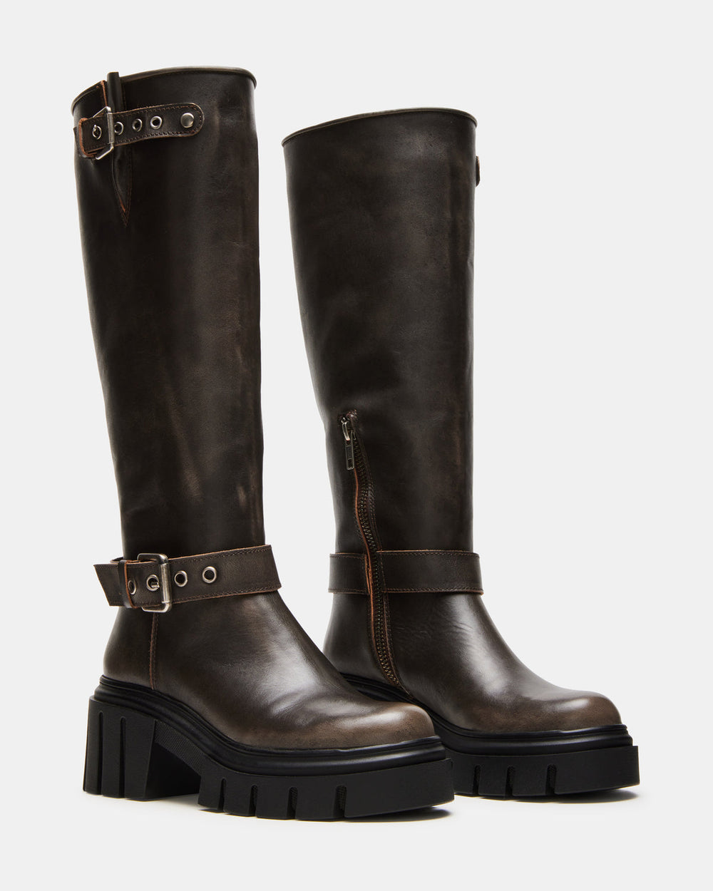BRIGADE Brown Distressed Women's Knee-High Moto Lug Boot | Steve Madden Sale