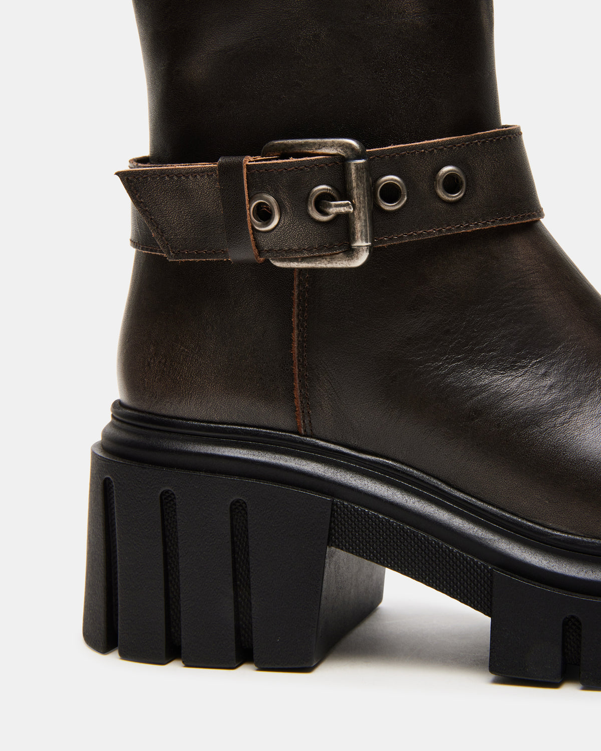 BRIGADE Brown Distressed Women's Knee-High Moto Lug Boot | Steve Madden Sale