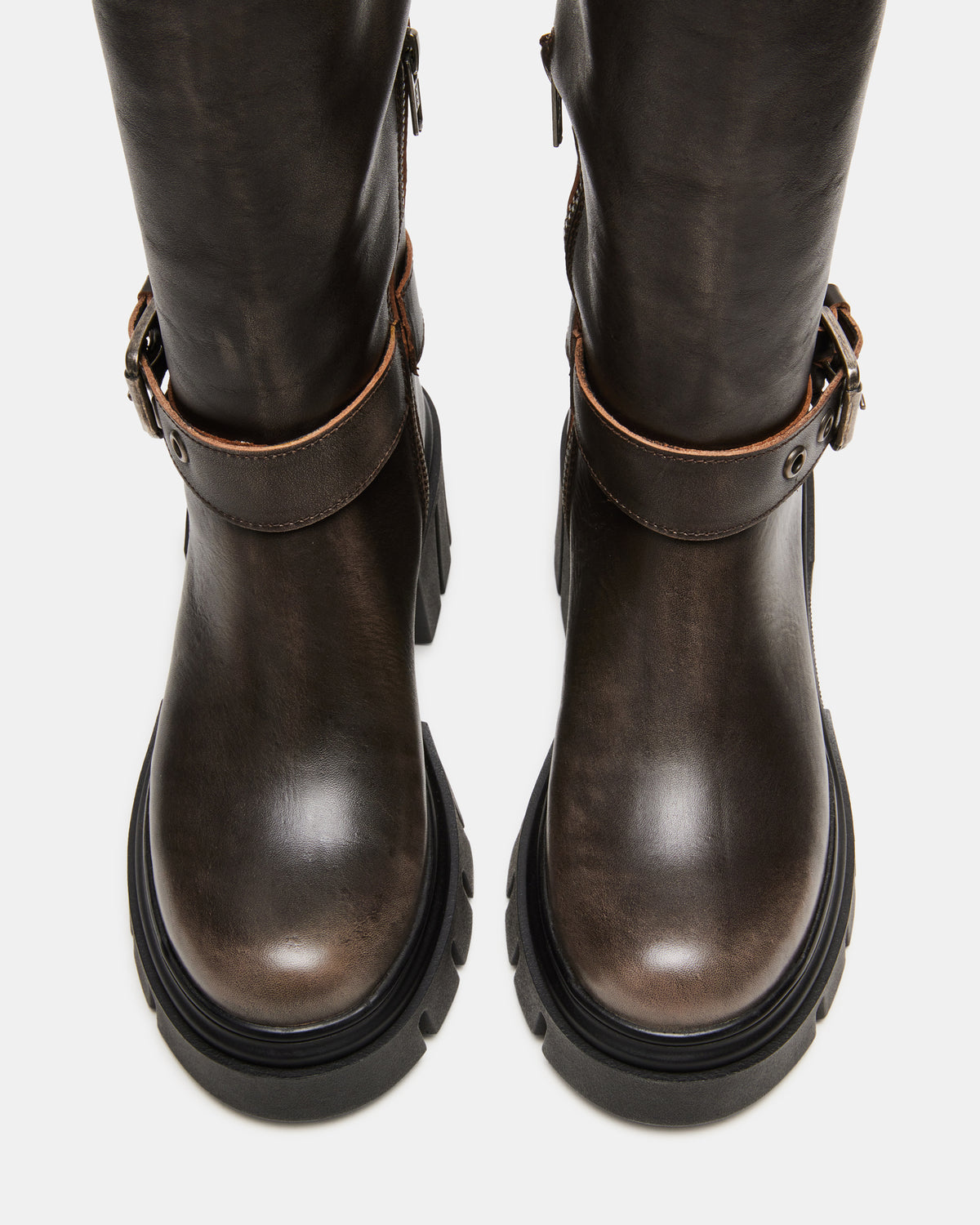 BRIGADE Brown Distressed Women's Knee-High Moto Lug Boot | Steve Madden Sale