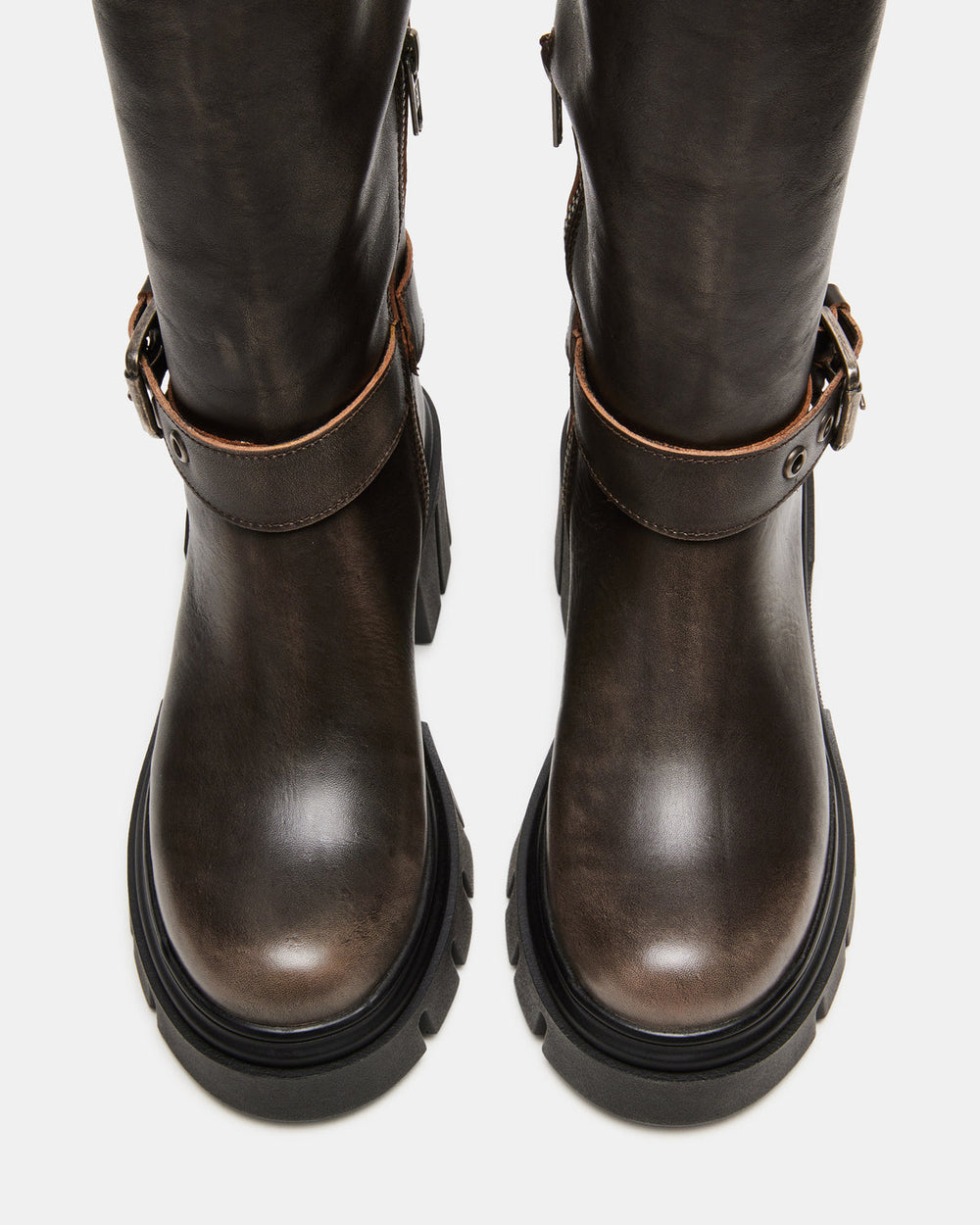 BRIGADE Brown Distressed Women's Knee-High Moto Lug Boot | Steve Madden Sale