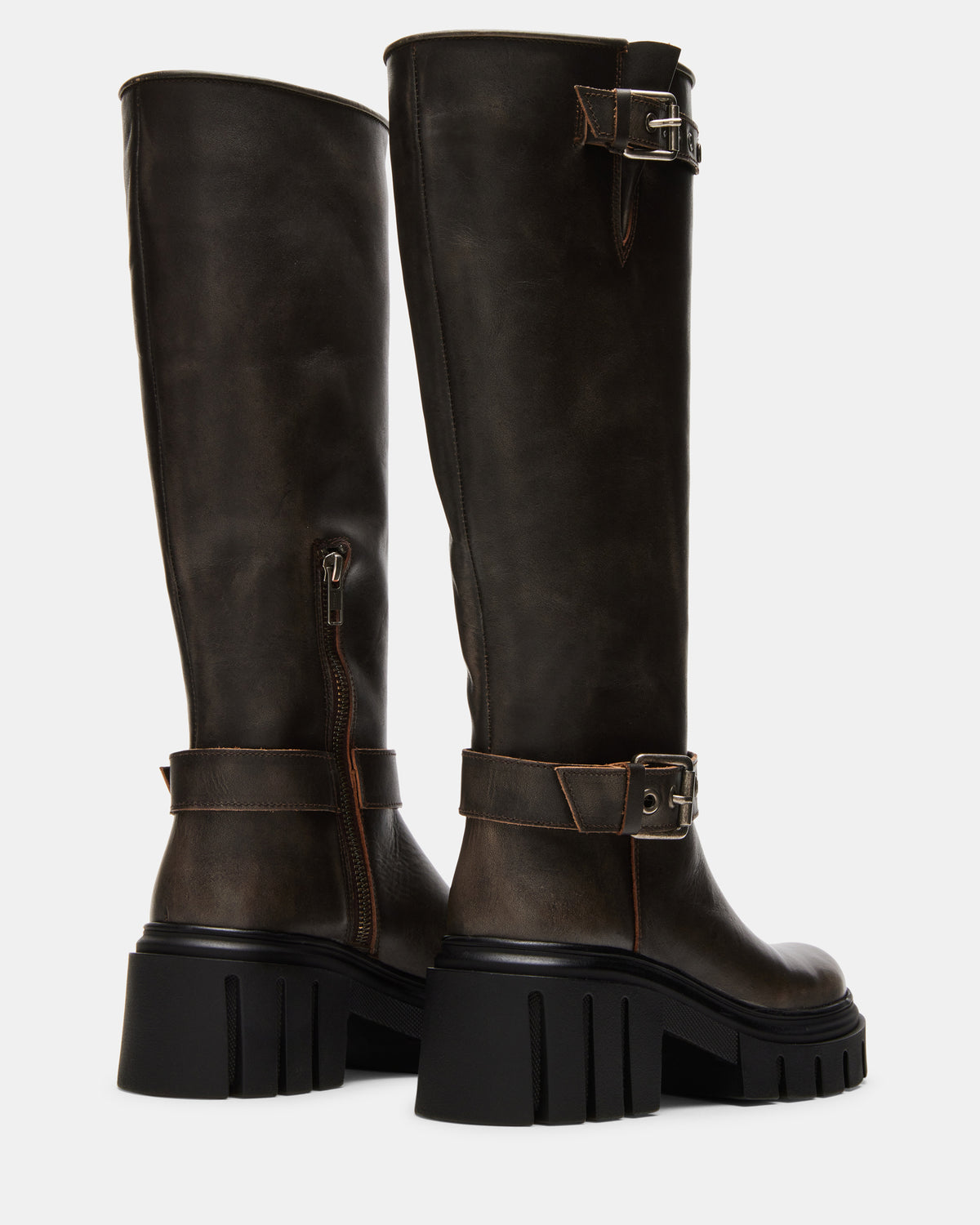 BRIGADE Brown Distressed Women's Knee-High Moto Lug Boot | Steve Madden Sale