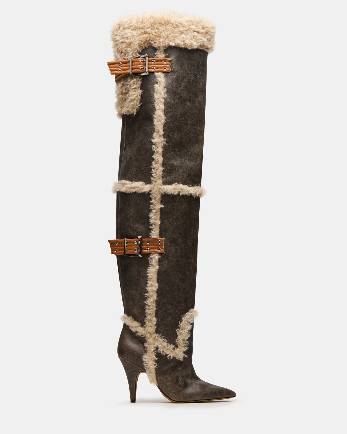 BADDIE Faux Fur Brown Distressed Over-The-Knee Moto Women's Boot | Steve Madden on Sale