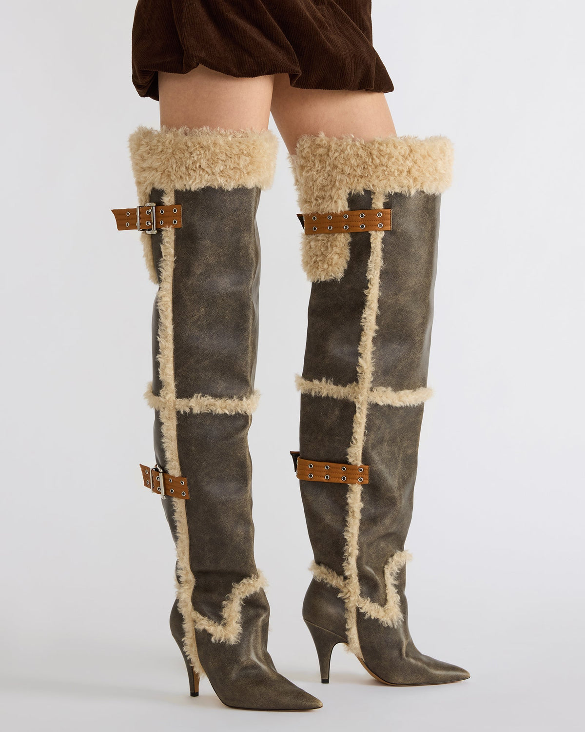 BADDIE Faux Fur Brown Distressed Over-The-Knee Moto Women's Boot | Steve Madden on Sale