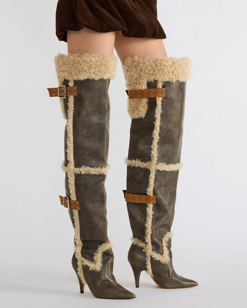 BADDIE Faux Fur Brown Distressed Over-The-Knee Moto Women's Boot | Steve Madden on Sale