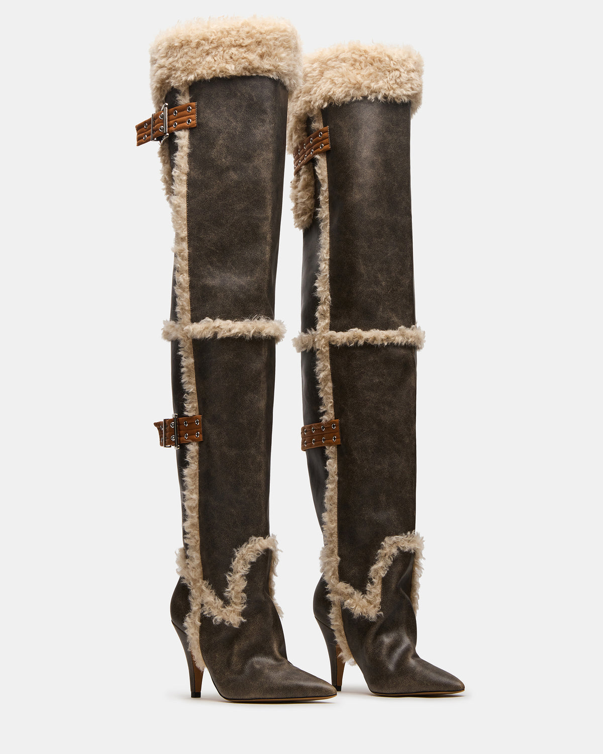 BADDIE Faux Fur Brown Distressed Over-The-Knee Moto Women's Boot | Steve Madden on Sale