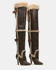 BADDIE Faux Fur Brown Distressed Over-The-Knee Moto Women's Boot | Steve Madden on Sale