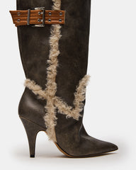 BADDIE Faux Fur Brown Distressed Over-The-Knee Moto Women's Boot | Steve Madden on Sale