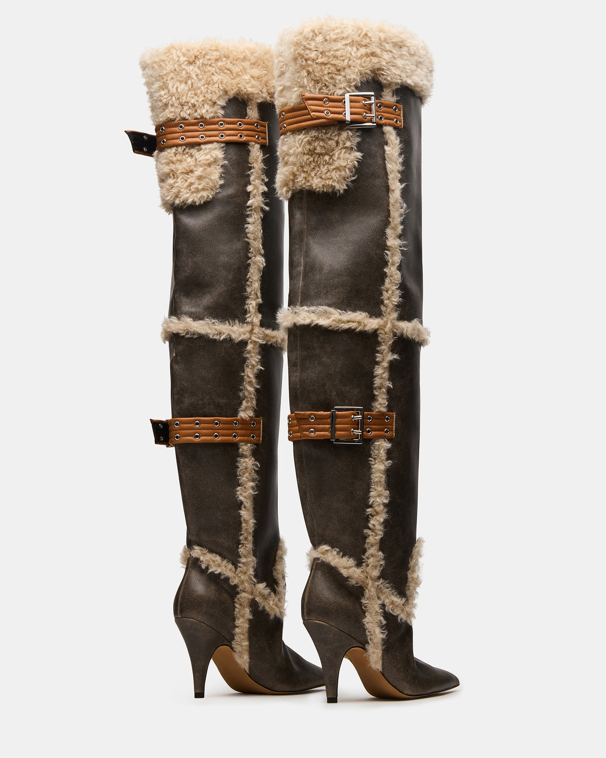 BADDIE Faux Fur Brown Distressed Over-The-Knee Moto Women's Boot | Steve Madden on Sale