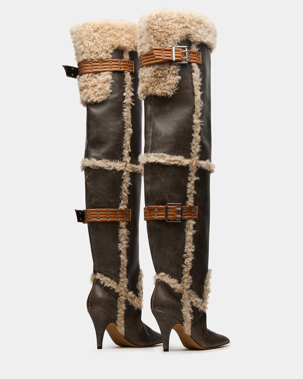 BADDIE Faux Fur Brown Distressed Over-The-Knee Moto Women's Boot | Steve Madden on Sale