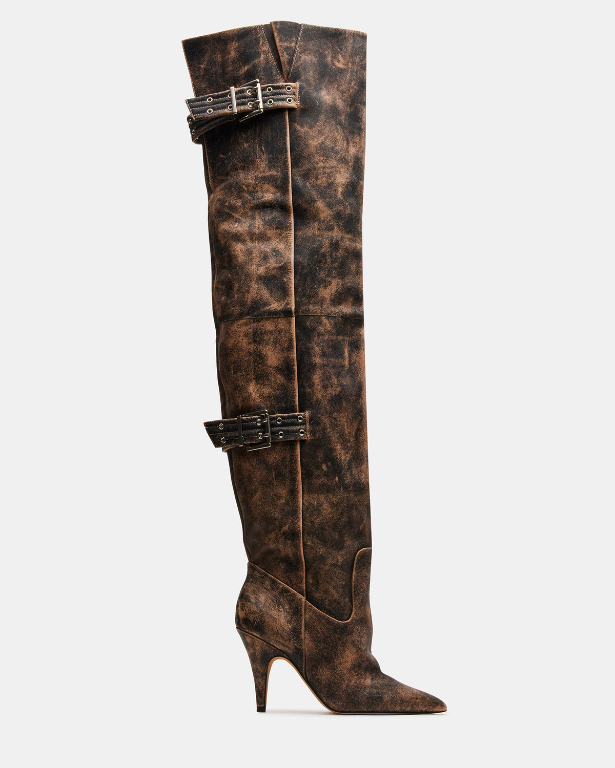 BADDIE Brown Distressed Over-The-Knee Moto Women's Boot | Steve Madden for Sale