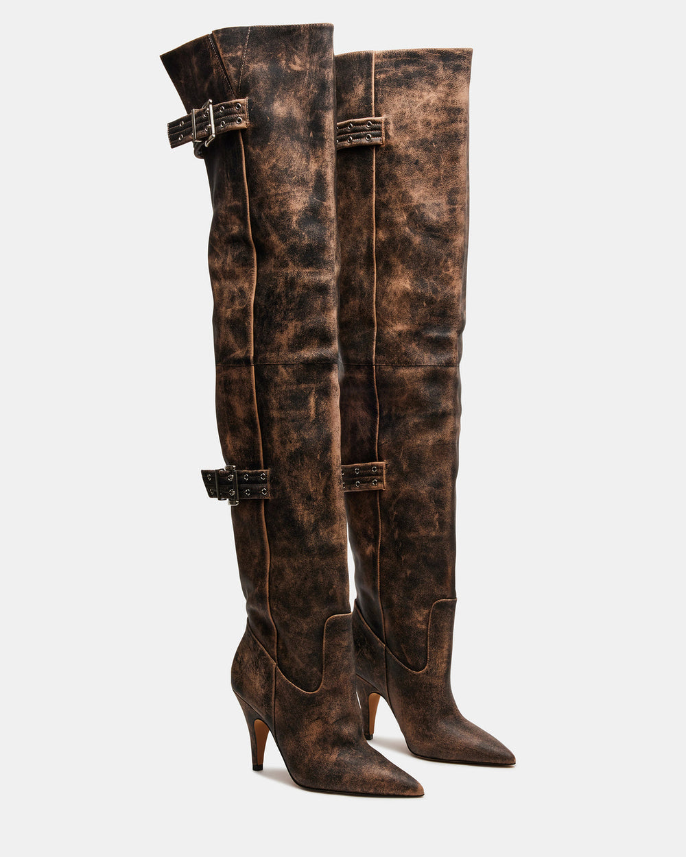 BADDIE Brown Distressed Over-The-Knee Moto Women's Boot | Steve Madden for Sale