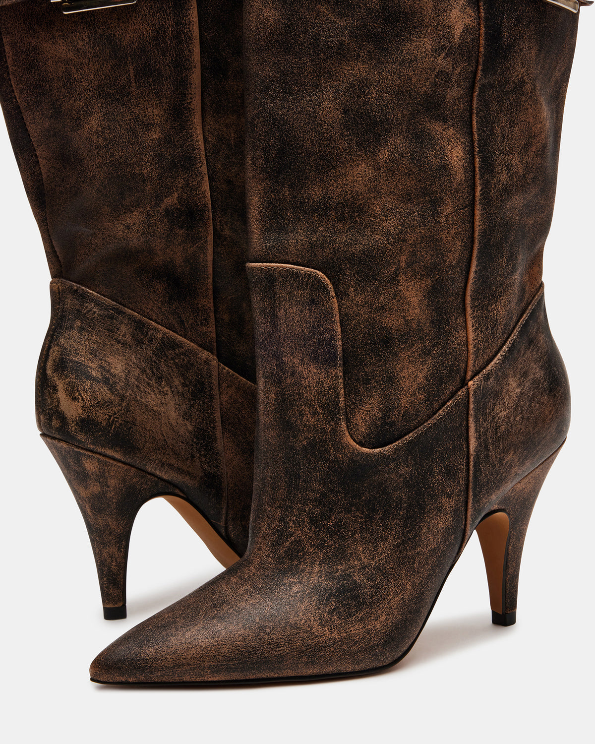 BADDIE Brown Distressed Over-The-Knee Moto Women's Boot | Steve Madden for Sale