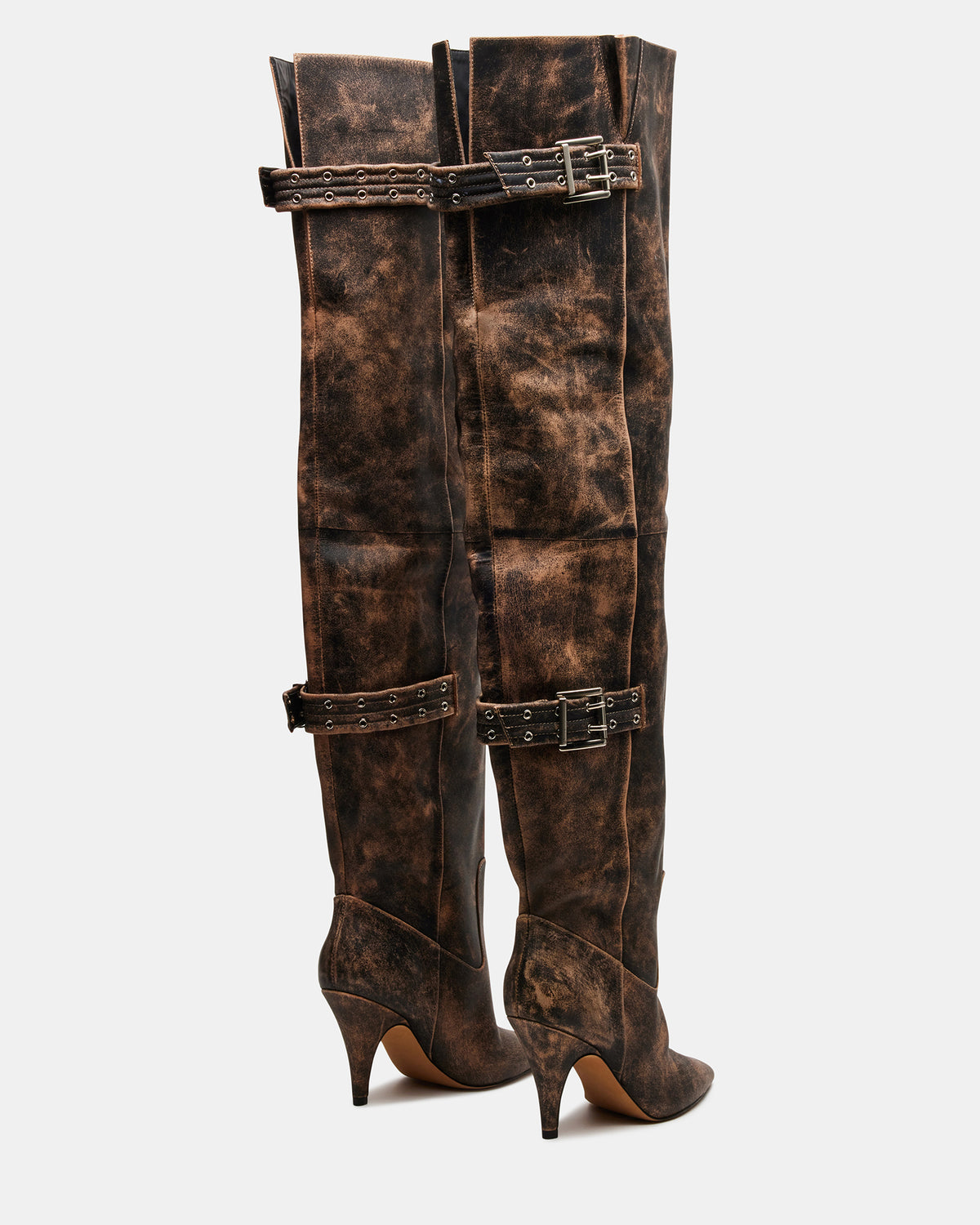 BADDIE Brown Distressed Over-The-Knee Moto Women's Boot | Steve Madden for Sale