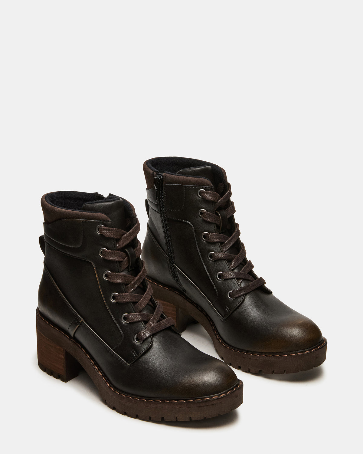 TUFF Dark Brown Lace-Up Block Heel Women's Ankle Boot | Steve Madden outlet