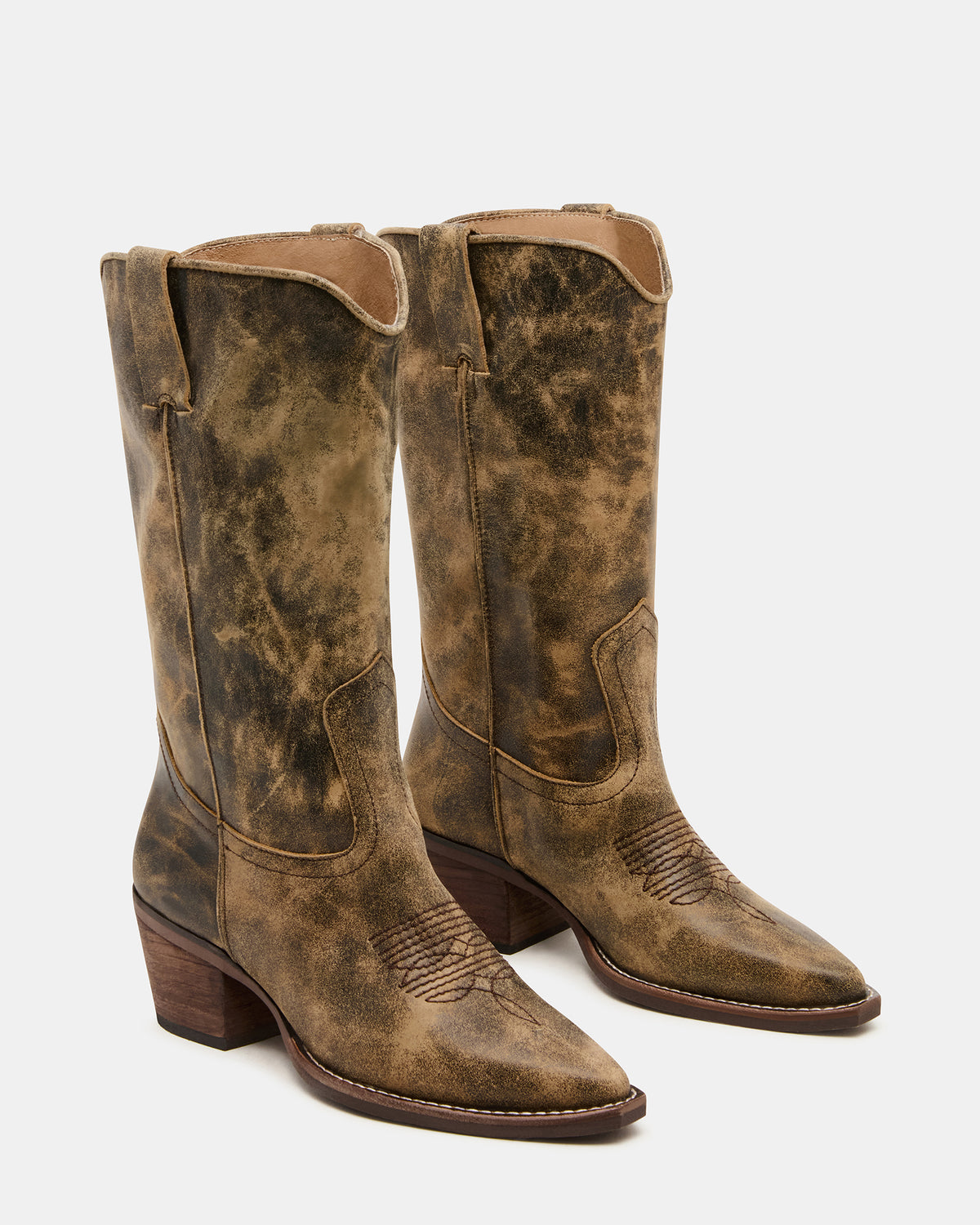 ALBANY Brown Distressed Wide Calf Pointed-Toe Women's Western Boot | Steve Madden outlet