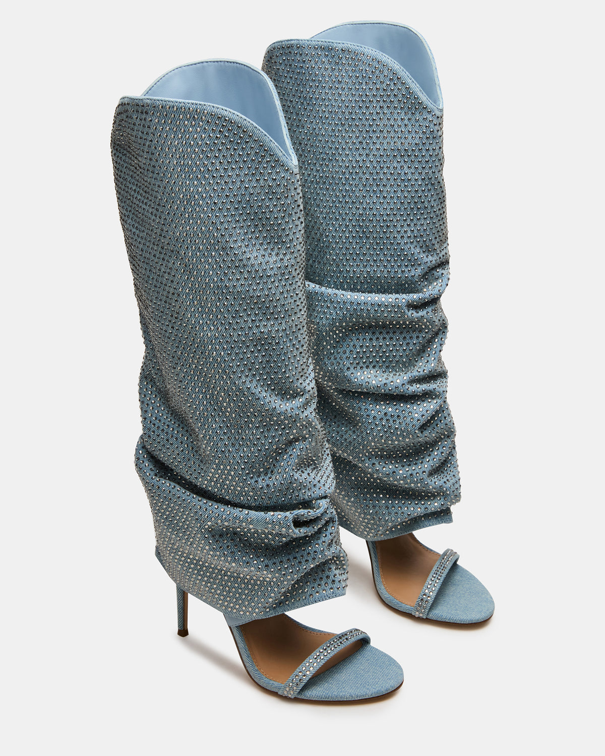 RAVINE Denim Rhinestones Knee-High Cuffed Stiletto Heel Women's Boot | Steve Madden outlet