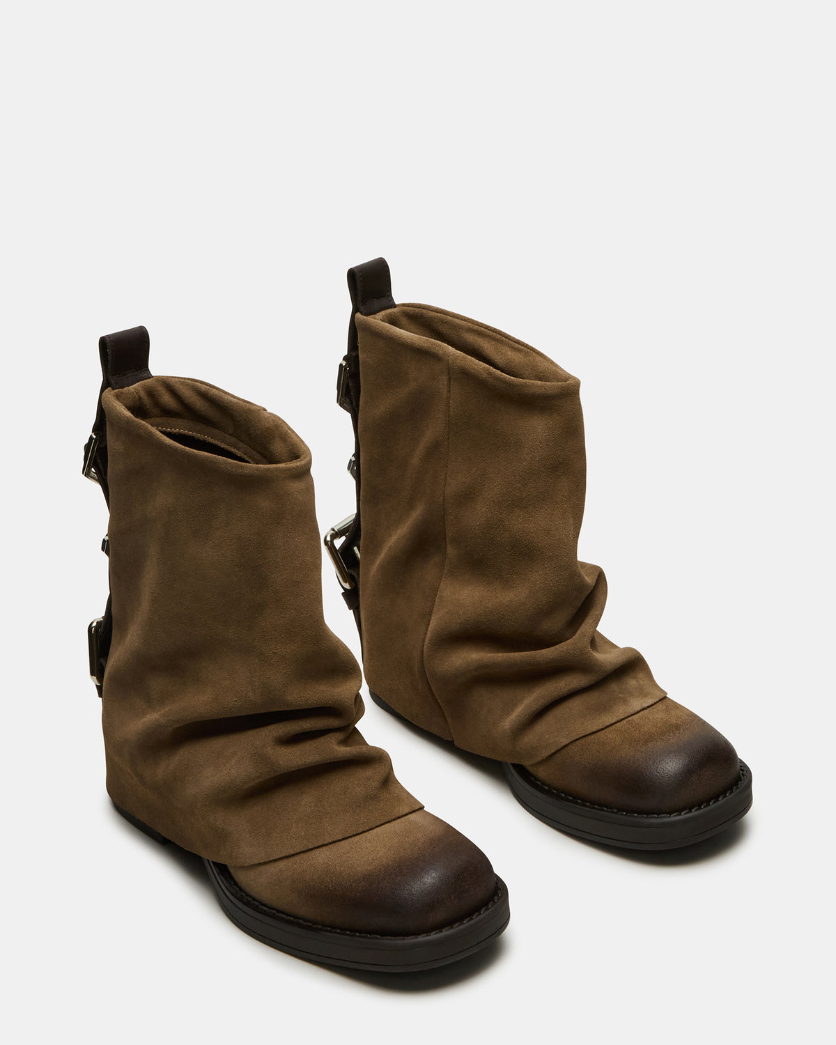 BENJI Taupe Suede Cuffed Fold-Over Moto Buckle Women's Ankle Boot | Steve Madden US