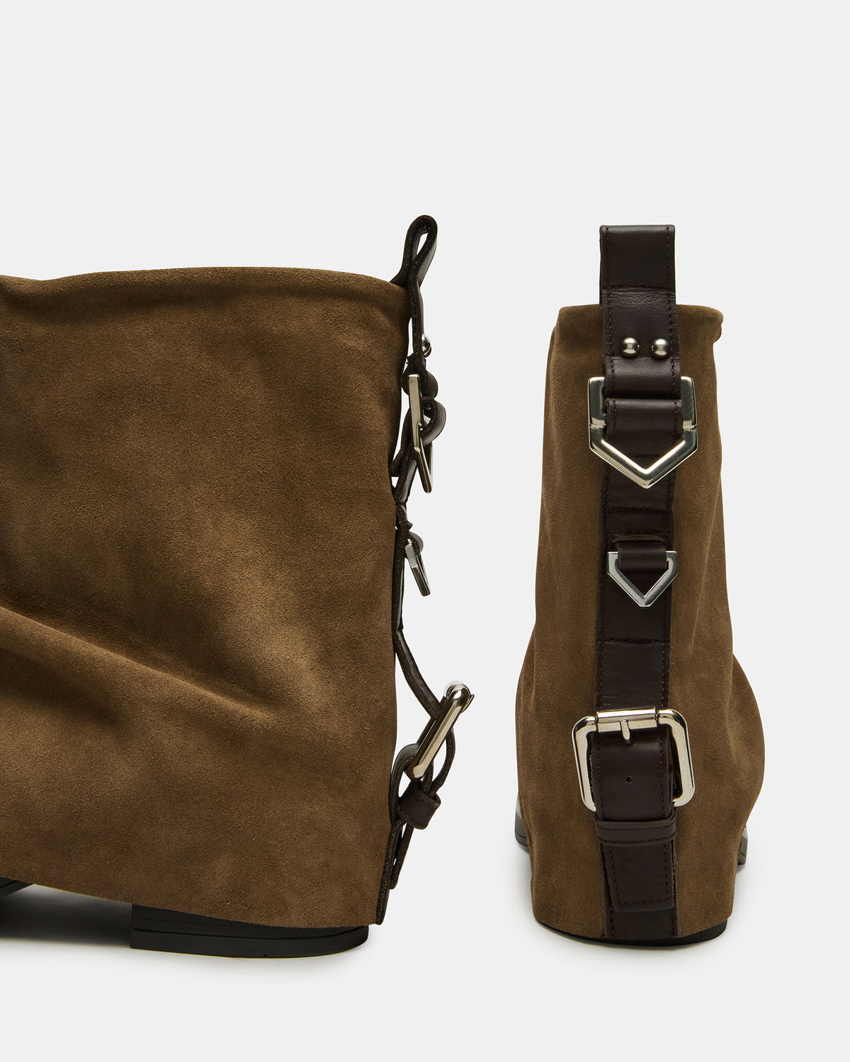 BENJI Taupe Suede Cuffed Fold-Over Moto Buckle Women's Ankle Boot | Steve Madden US