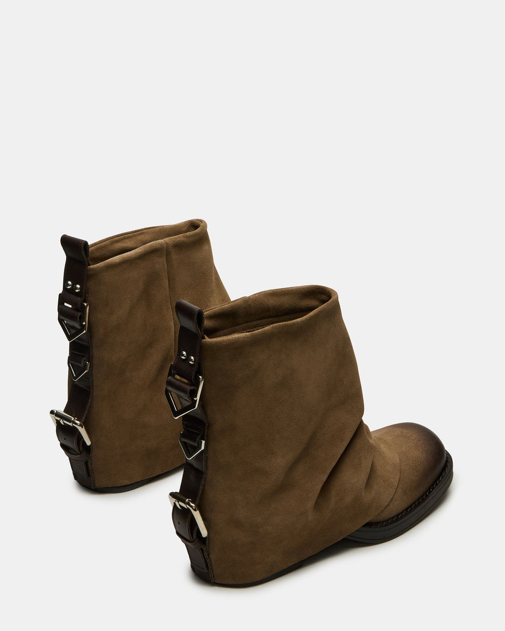 BENJI Taupe Suede Cuffed Fold-Over Moto Buckle Women's Ankle Boot | Steve Madden US