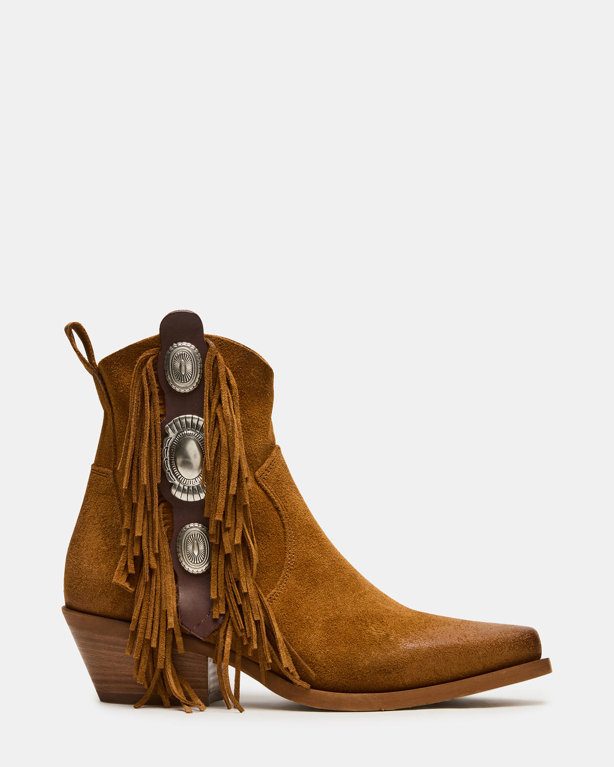 LARAMIE Chestnut Suede Fringe Western Pointed-Toe Women's Ankle Boot | Steve Madden online