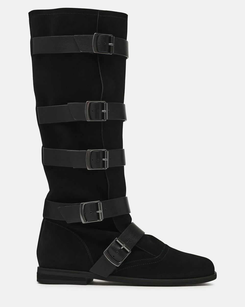 INDIO Black Suede Buckle Strap Knee-High Round-Toe Women's Boot | Steve Madden outlet