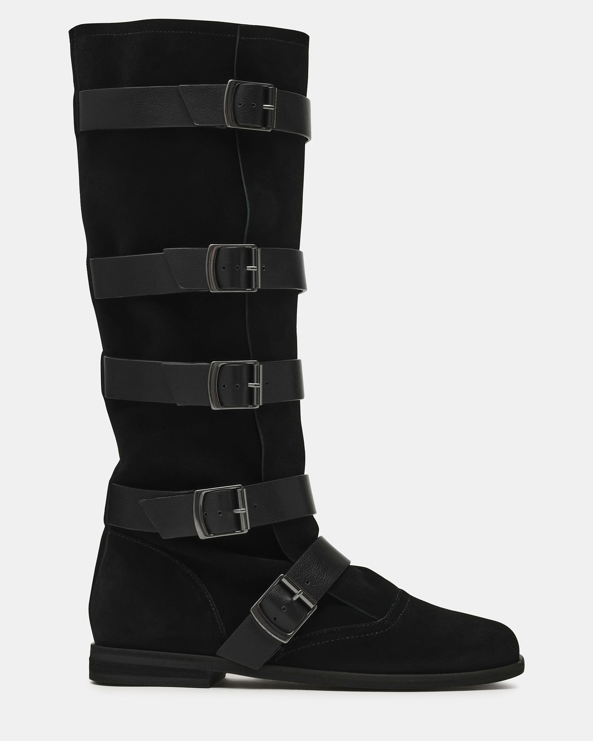 INDIO Black Suede Buckle Strap Knee-High Round-Toe Women's Boot | Steve Madden outlet