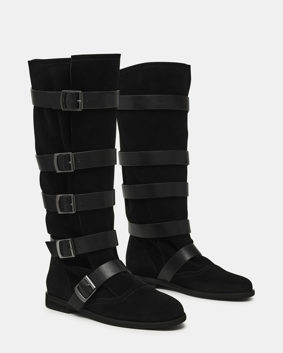 INDIO Black Suede Buckle Strap Knee-High Round-Toe Women's Boot | Steve Madden outlet