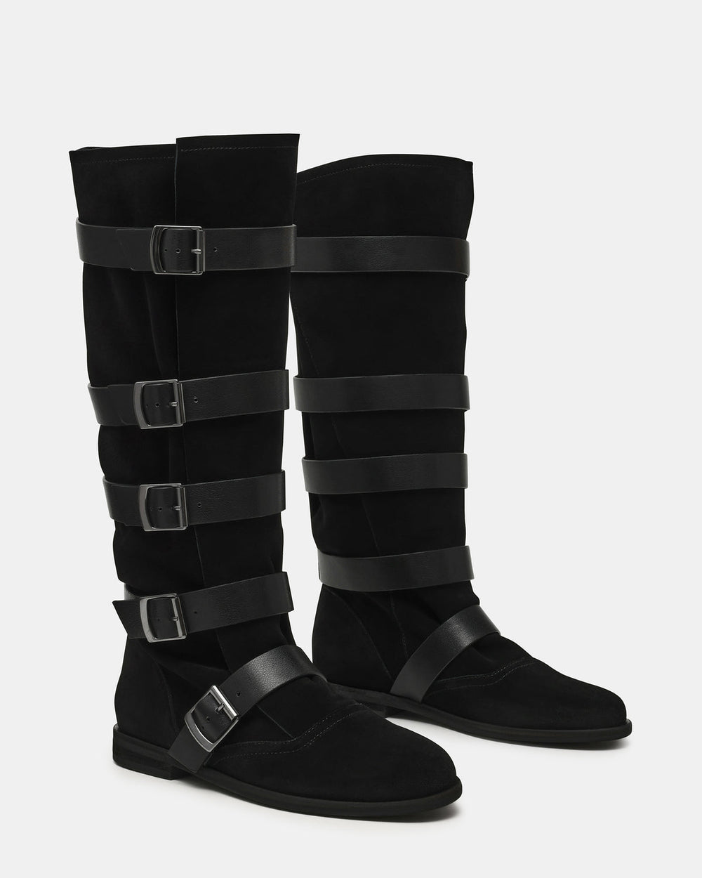 INDIO Black Suede Buckle Strap Knee-High Round-Toe Women's Boot | Steve Madden outlet