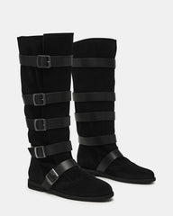 INDIO Black Suede Buckle Strap Knee-High Round-Toe Women's Boot | Steve Madden outlet