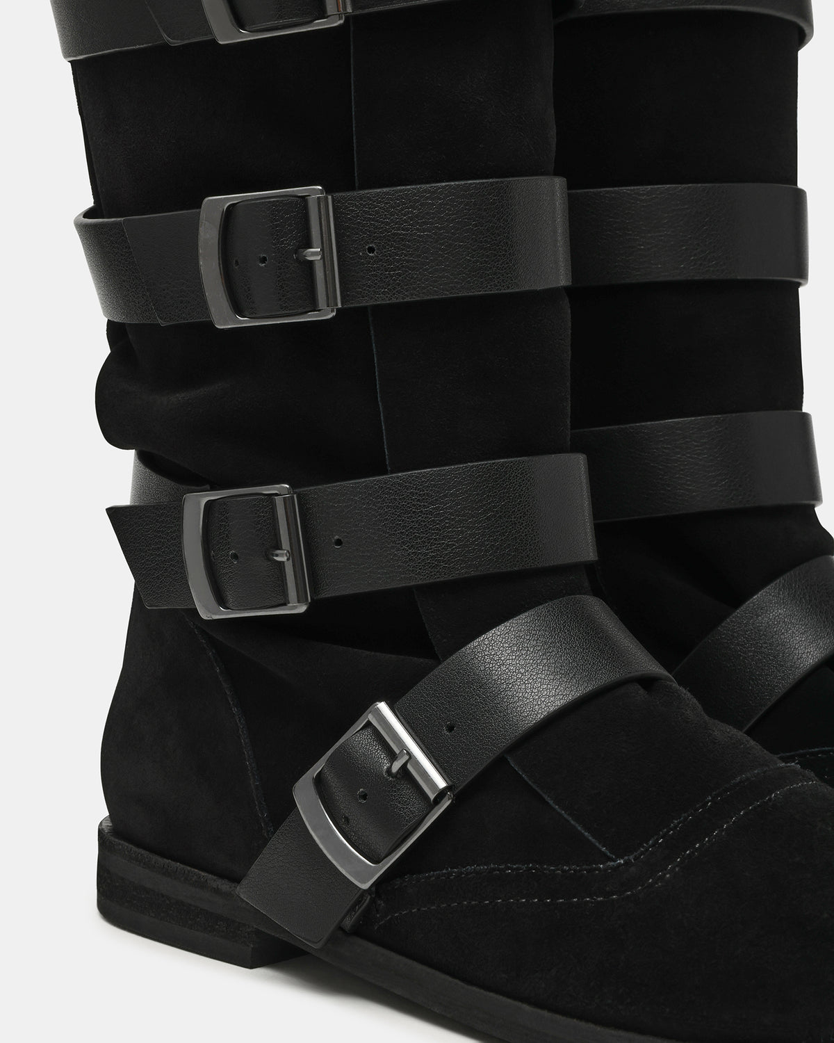 INDIO Black Suede Buckle Strap Knee-High Round-Toe Women's Boot | Steve Madden outlet