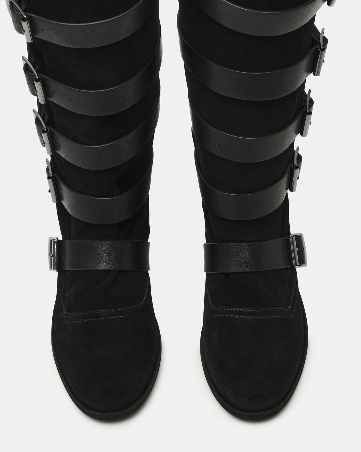 INDIO Black Suede Buckle Strap Knee-High Round-Toe Women's Boot | Steve Madden outlet