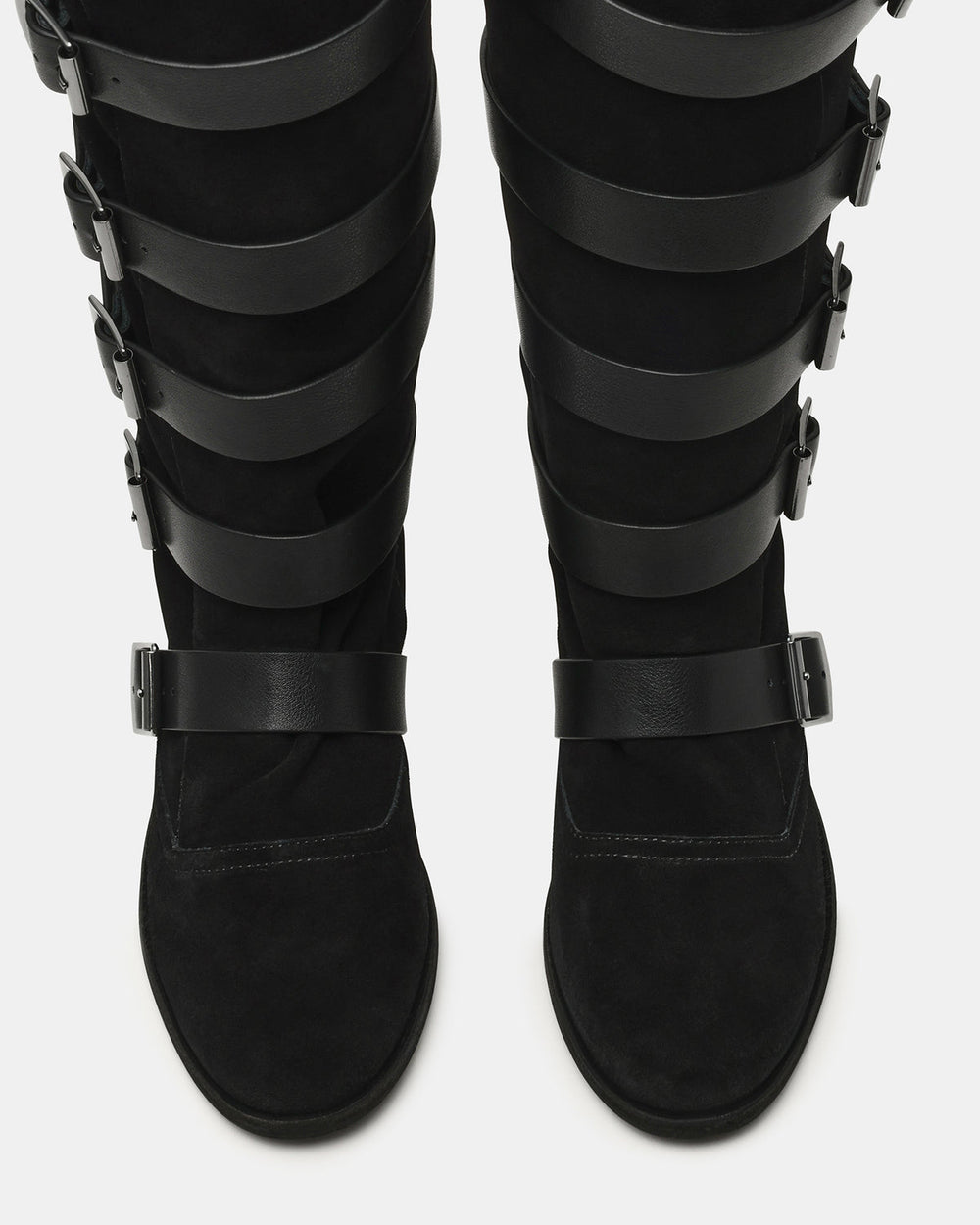 INDIO Black Suede Buckle Strap Knee-High Round-Toe Women's Boot | Steve Madden outlet