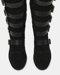 INDIO Black Suede Buckle Strap Knee-High Round-Toe Women's Boot | Steve Madden outlet
