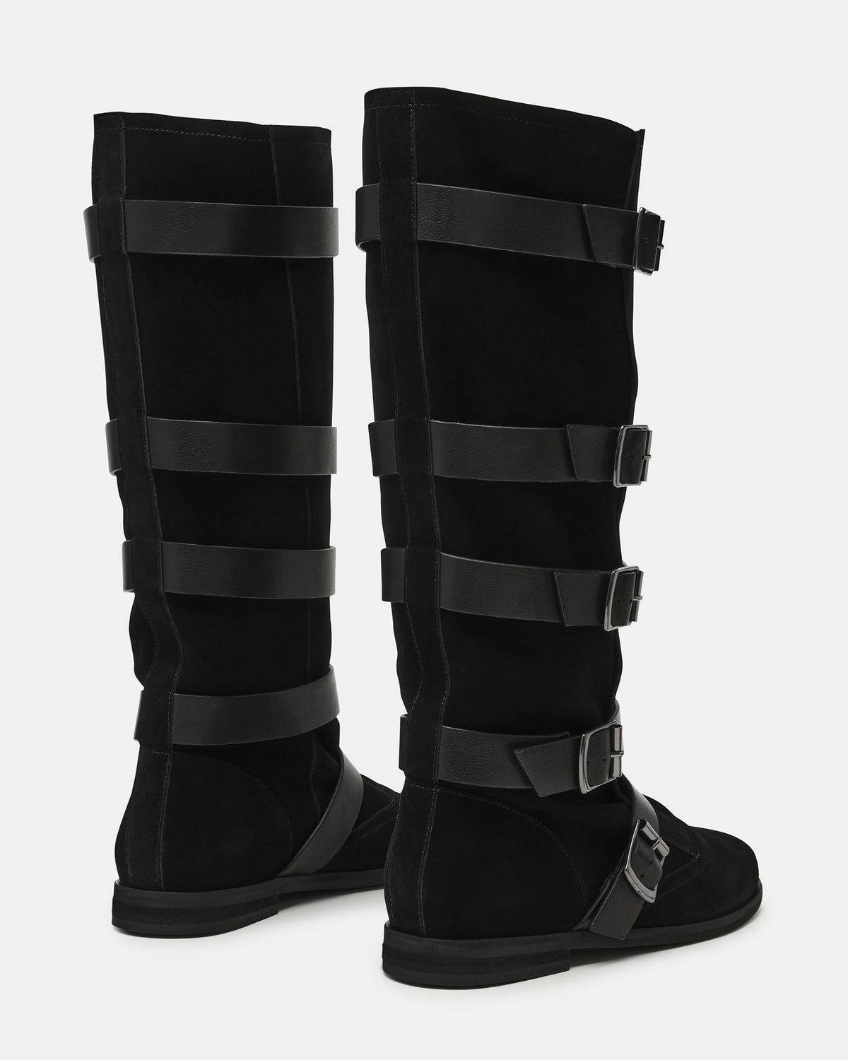 INDIO Black Suede Buckle Strap Knee-High Round-Toe Women's Boot | Steve Madden outlet