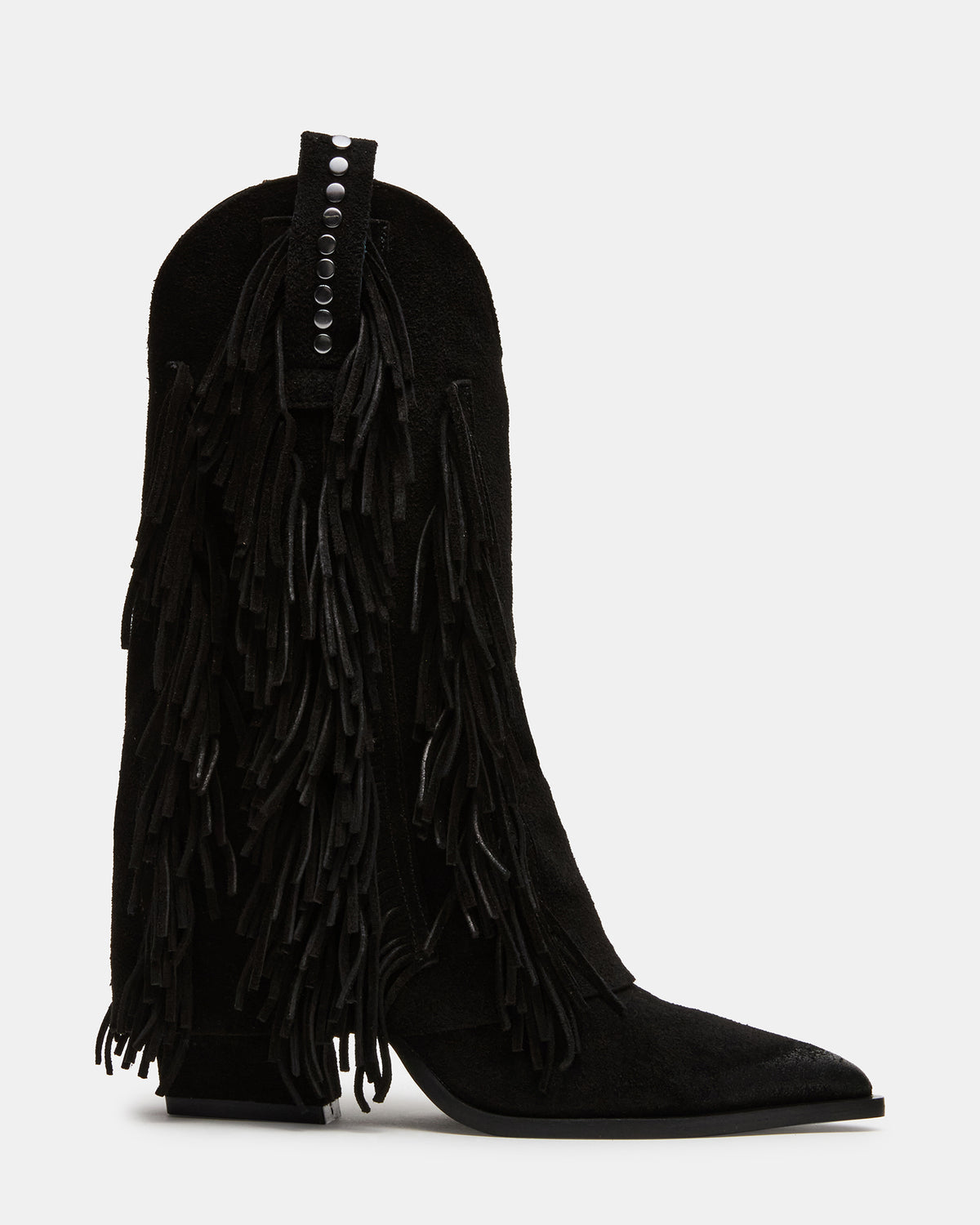 LANDMARK Black Suede Cuffed Fringe Western Women's Ankle Boot | Steve Madden Sale