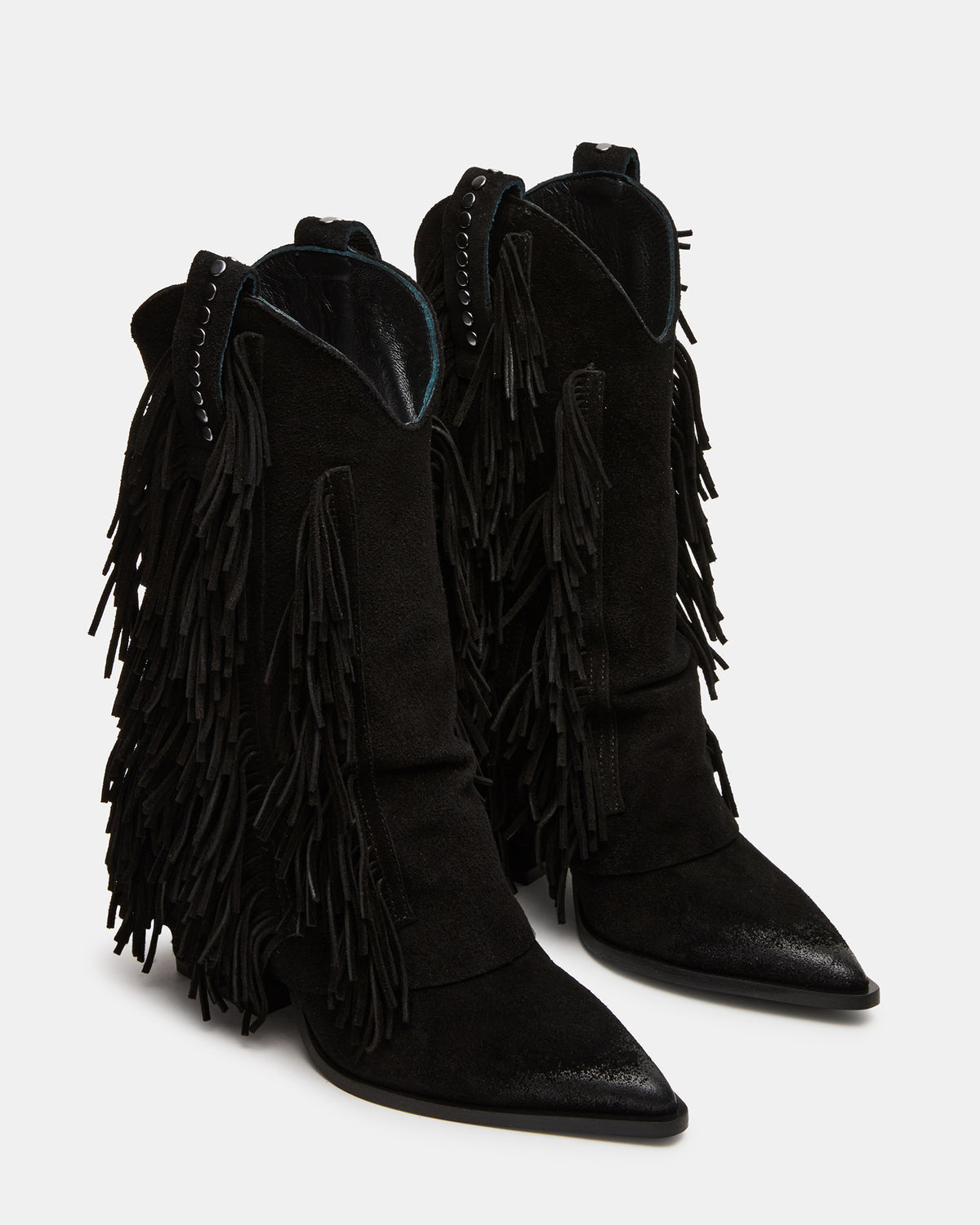LANDMARK Black Suede Cuffed Fringe Western Women's Ankle Boot | Steve Madden Sale