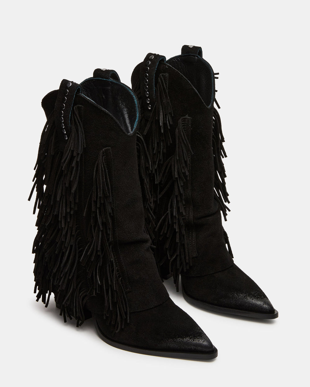 LANDMARK Black Suede Cuffed Fringe Western Women's Ankle Boot | Steve Madden Sale