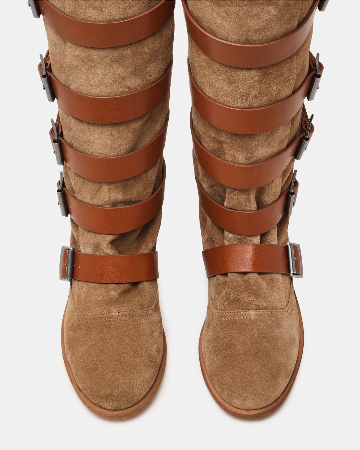 INDIO Tan Suede Buckle Strap Knee-High Round-Toe Women's Boot | Steve Madden online