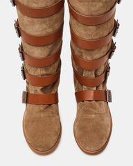 INDIO Tan Suede Buckle Strap Knee-High Round-Toe Women's Boot | Steve Madden online