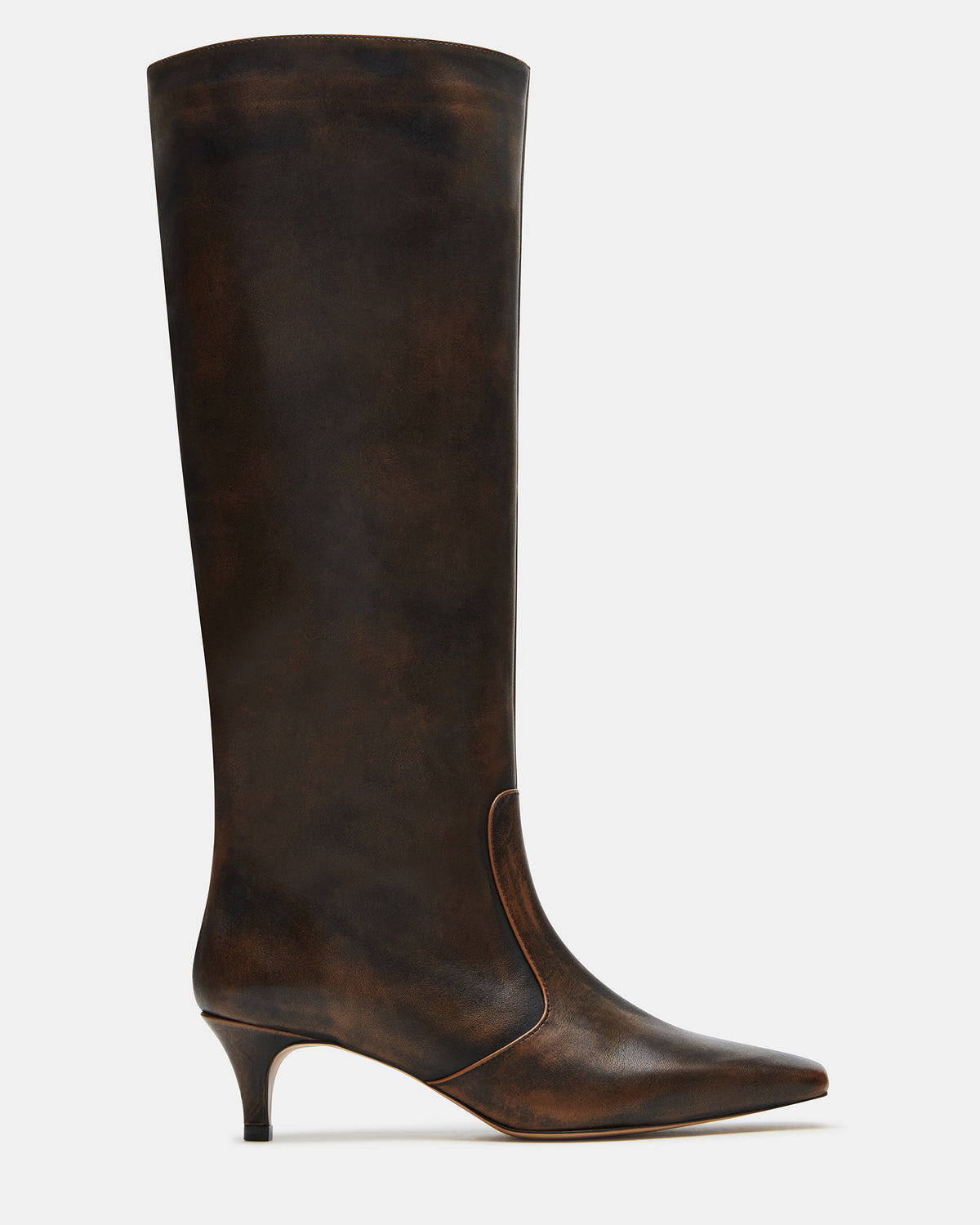 LANDER Brown Distressed Knee-High Kitten Heel Women's Boot | Steve Madden on Sale
