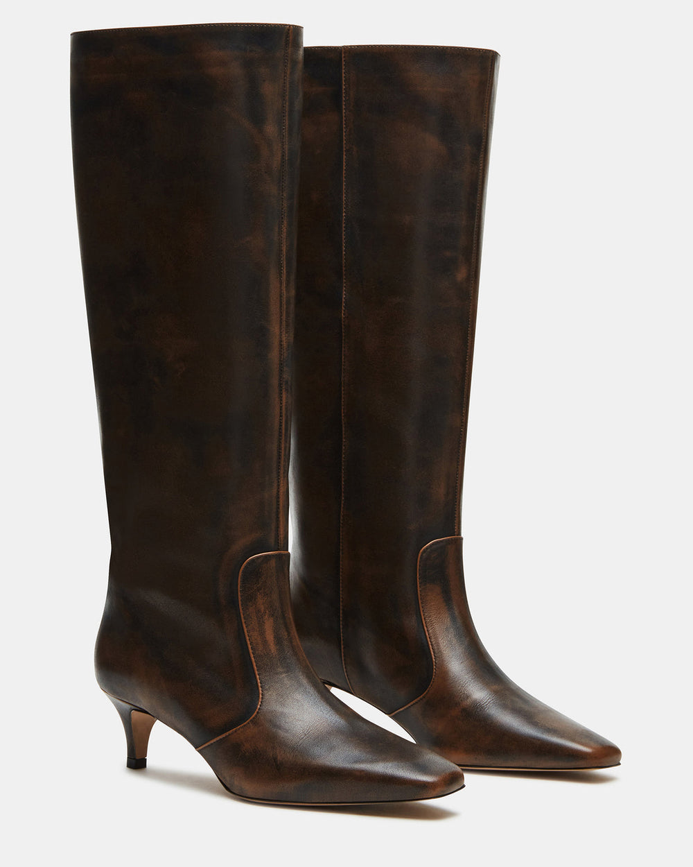 LANDER Brown Distressed Knee-High Kitten Heel Women's Boot | Steve Madden on Sale