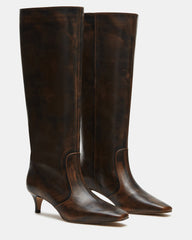 LANDER Brown Distressed Knee-High Kitten Heel Women's Boot | Steve Madden on Sale