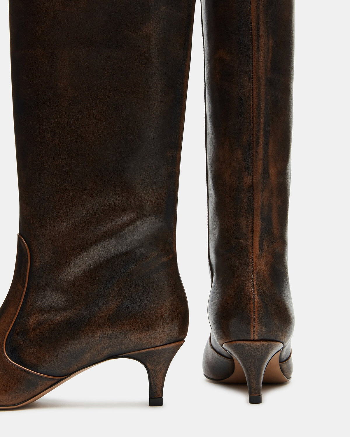 LANDER Brown Distressed Knee-High Kitten Heel Women's Boot | Steve Madden on Sale