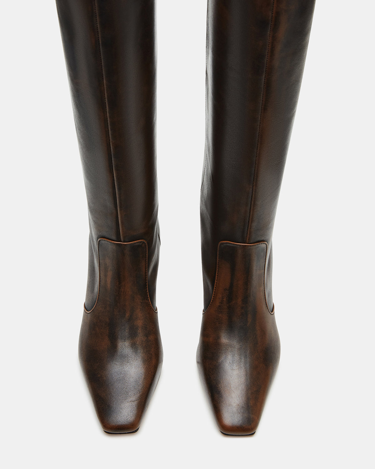 LANDER Brown Distressed Knee-High Kitten Heel Women's Boot | Steve Madden on Sale