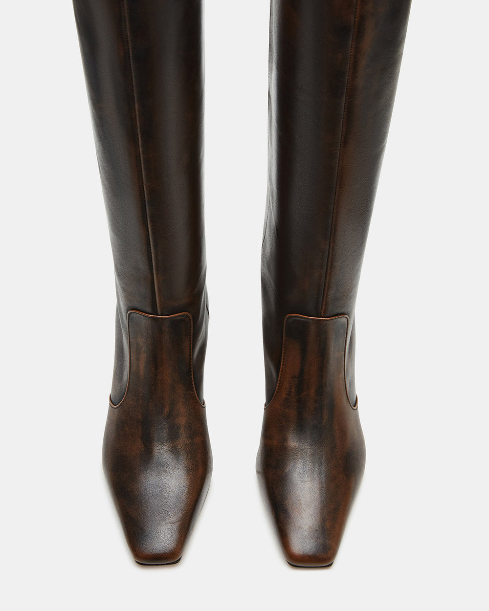 LANDER Brown Distressed Knee-High Kitten Heel Women's Boot | Steve Madden on Sale