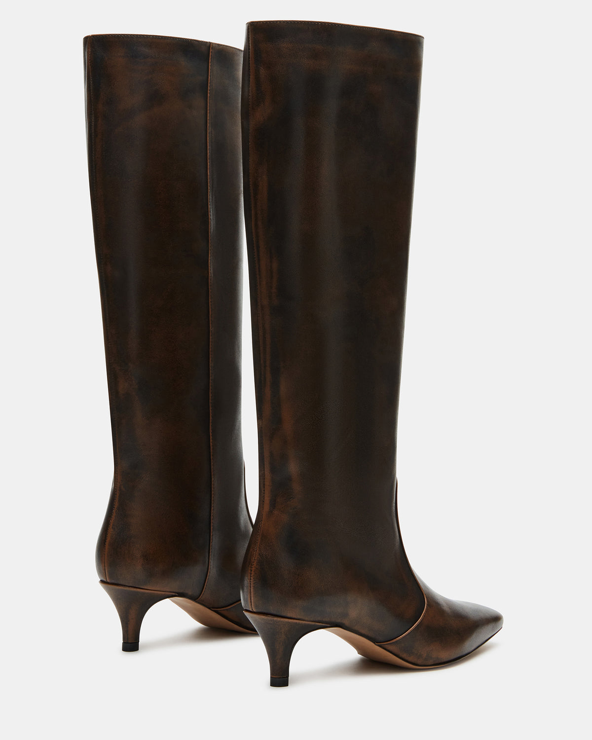 LANDER Brown Distressed Knee-High Kitten Heel Women's Boot | Steve Madden on Sale