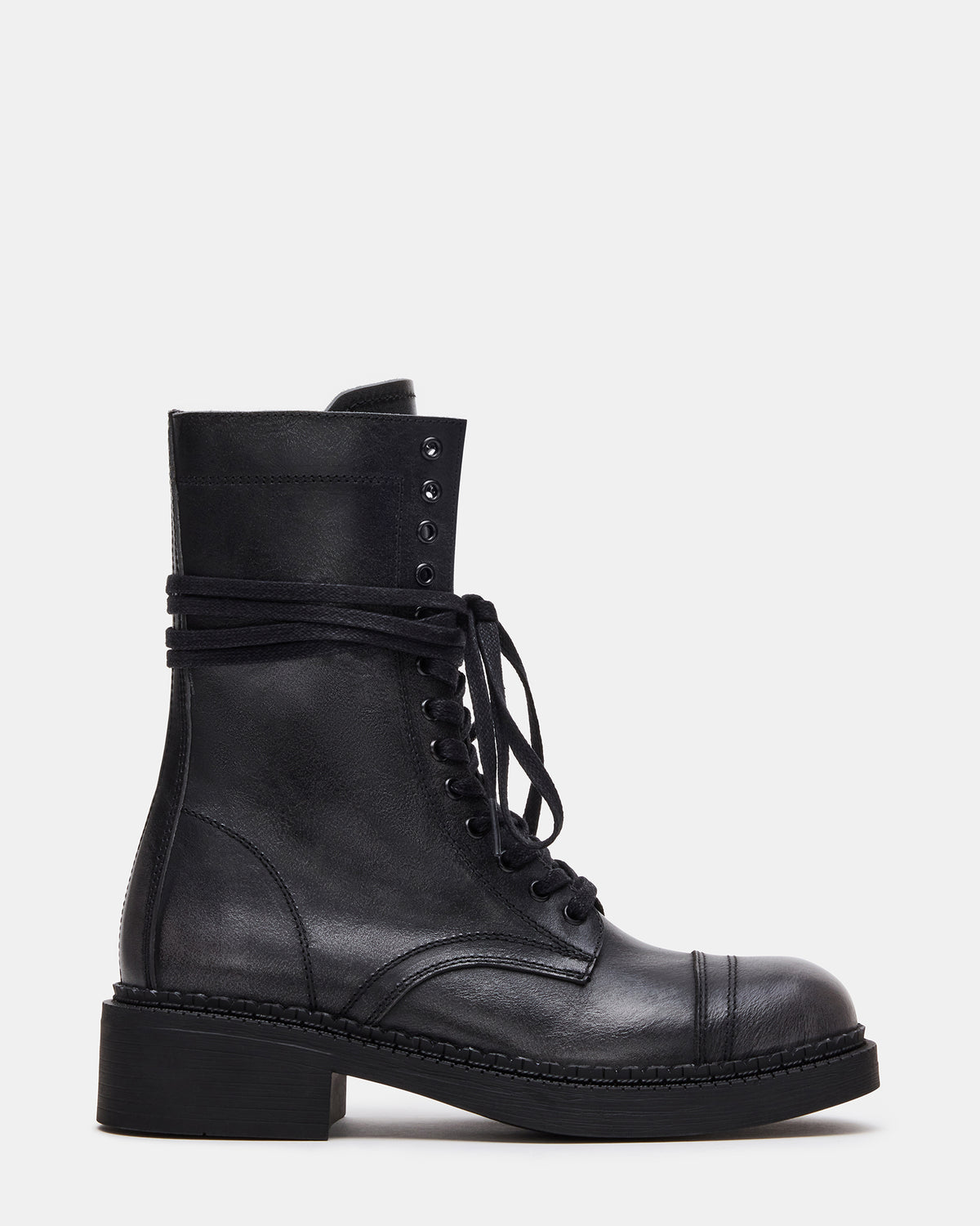 CRIMSON Black Distressed Moto Combat Women's Ankle Booties | Steve Madden Sale