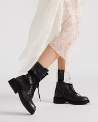 CRIMSON Black Distressed Moto Combat Women's Ankle Booties | Steve Madden Sale