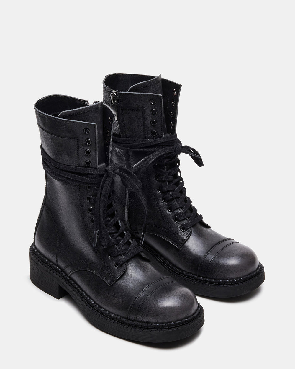 CRIMSON Black Distressed Moto Combat Women's Ankle Booties | Steve Madden Sale